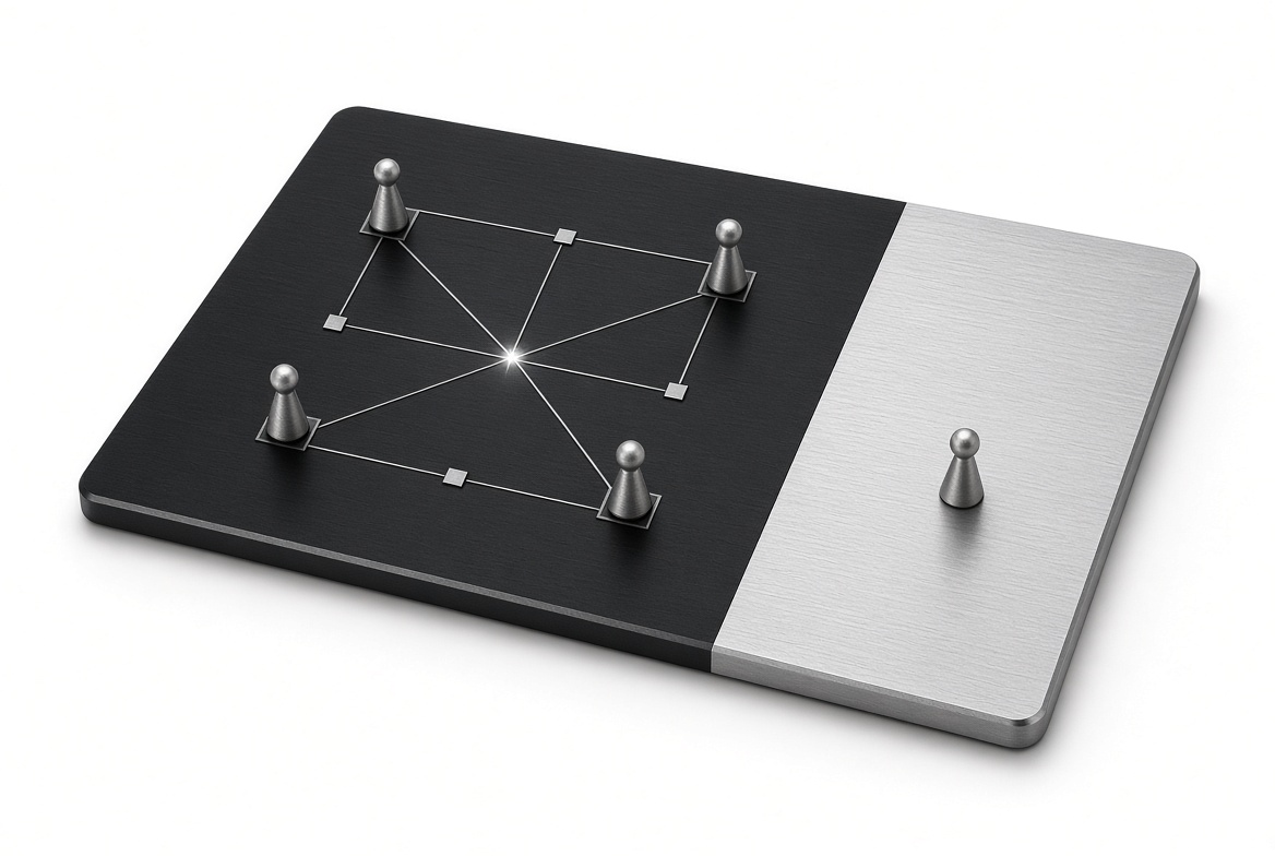 A graphite board with a brushed silver section. Four silver pieces stand on outlined squares, joined by thin lines that cross at one point of light; a fifth piece stands alone on the silver part.