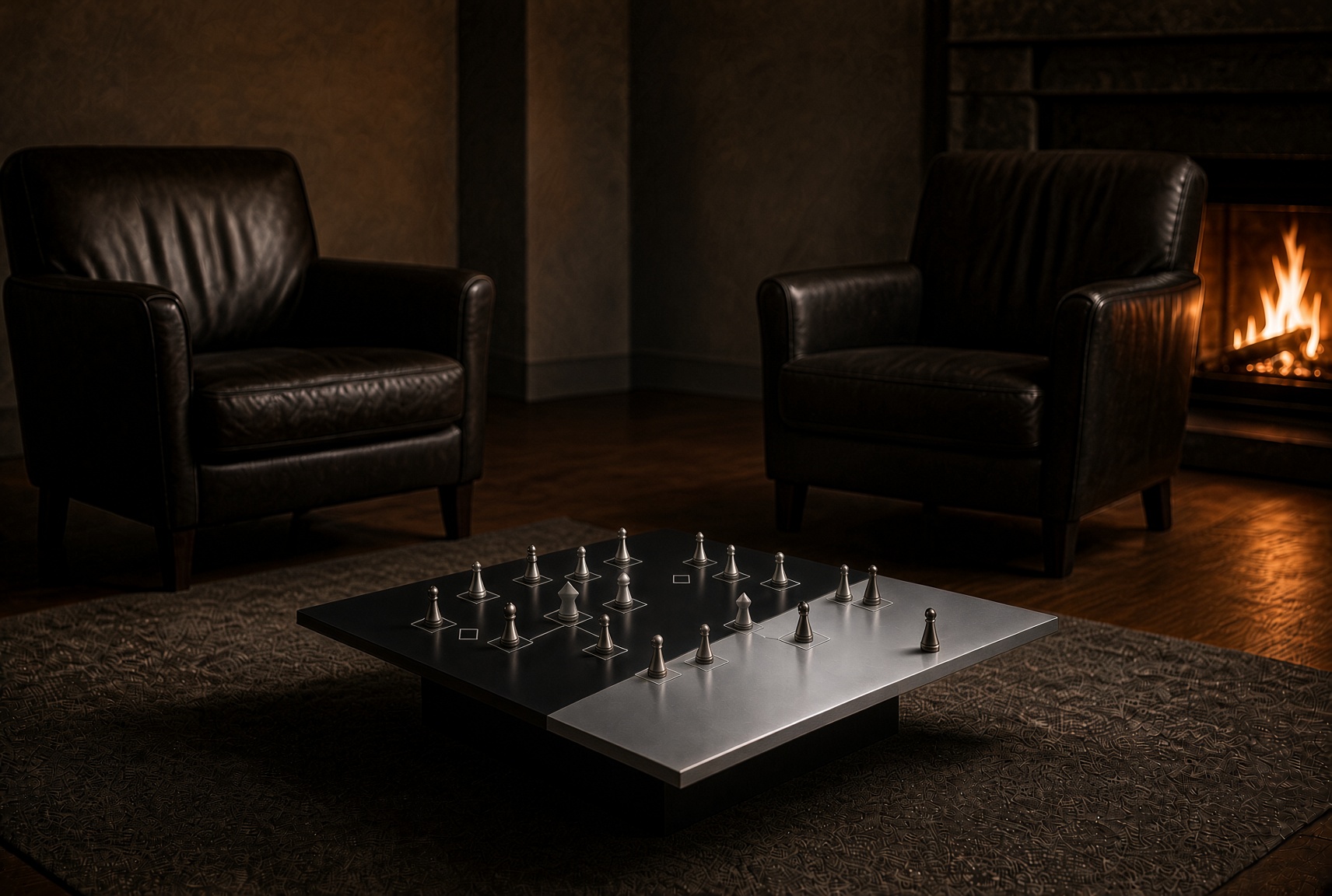 Two dark leather armchairs by a fire, a low table between them whose top is the graphite and silver board, set with pieces.